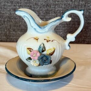 Vintage Deville Porcelain Creamer And Underplate‎ Mid Century 3D Flowers Easter